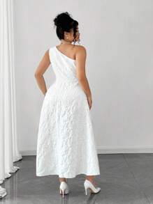 Elenzga Plus Size Solid Color Flower Applique Asymmetric Collar Sleeveless Dress - White - View 2