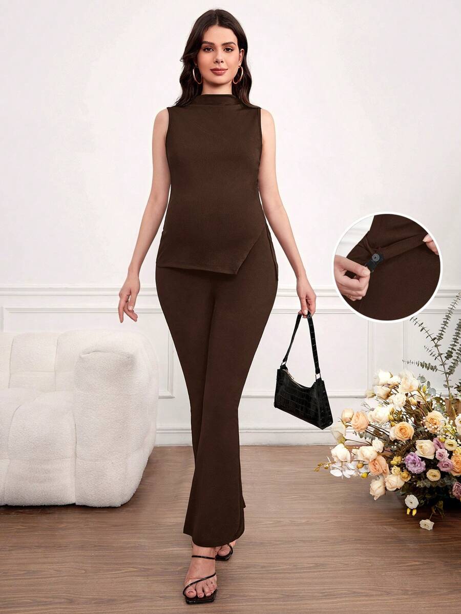 SHEIN Maternity Two Pieces Suits - Coffee Brown - View 1