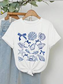 Women Loose Fit Seashell Print Round Neck Short Sleeve T-Shirt, Suitable For Summer