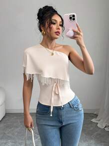 SHEIN Unity 女士优雅不对称肩部流苏腰带衬衫 - 杏色 - 查看 4