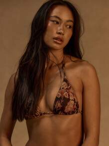 Musera Resort Floral Tie Triangle Bikini Top For Ibiza, Holiday, Spring, Summer, Vacation, Beach, Swimwear Graphic - Multicolor - View 2