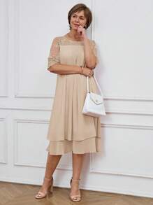 Miaspire 女士优雅层叠蕾丝拼布连衣裙 - 卡其色 - 查看 5