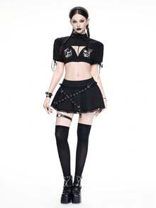 ROMWE Áo crop top tay bồng phong cách Gothic thanh lịch cổ điển dành cho nữ - màu đen - Xem 4