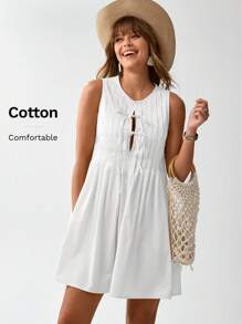 Wildy 夏季蓝色休闲美式乡村风度假蝴蝶结无袖A字迷你连衣裙