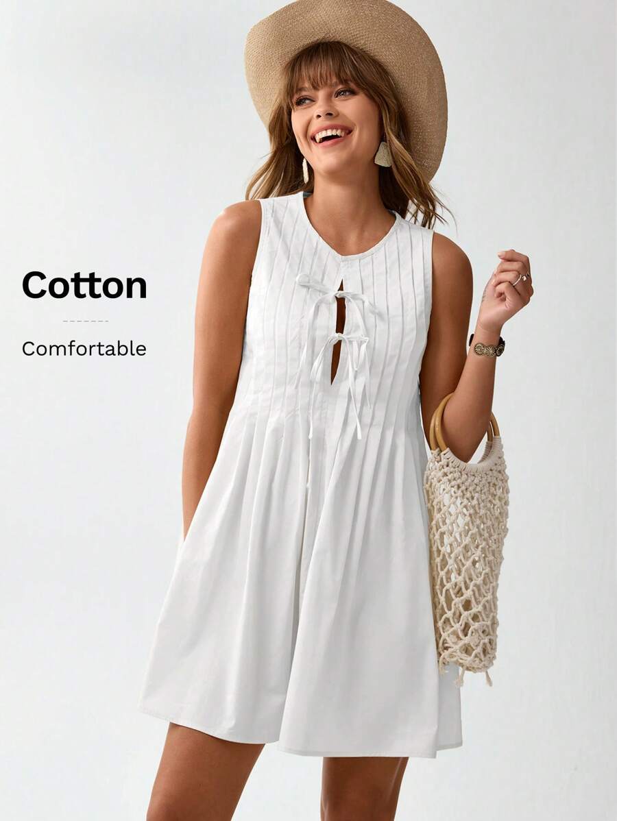 Wildy 夏季蓝色休闲美式乡村风度假蝴蝶结无袖A字迷你连衣裙