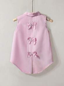 SHEIN Elladie kids Young Girls'Woven Striped Pastel Pink Sleeveless Asymmetric Blouse With Bowknot Back,Summer School Casual Outing Versatile Item Summer - Pink - View 3