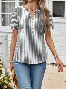 EMERY ROSE Women's Summer Casual Striped Shirt With Button Decor Notched Neck - Black - View 7