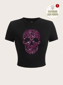 Muchica 休闲暗黑骷髅豹纹图案圆领修身短袖女式 T 恤，适合夏季 - 黑色 - 查看 1