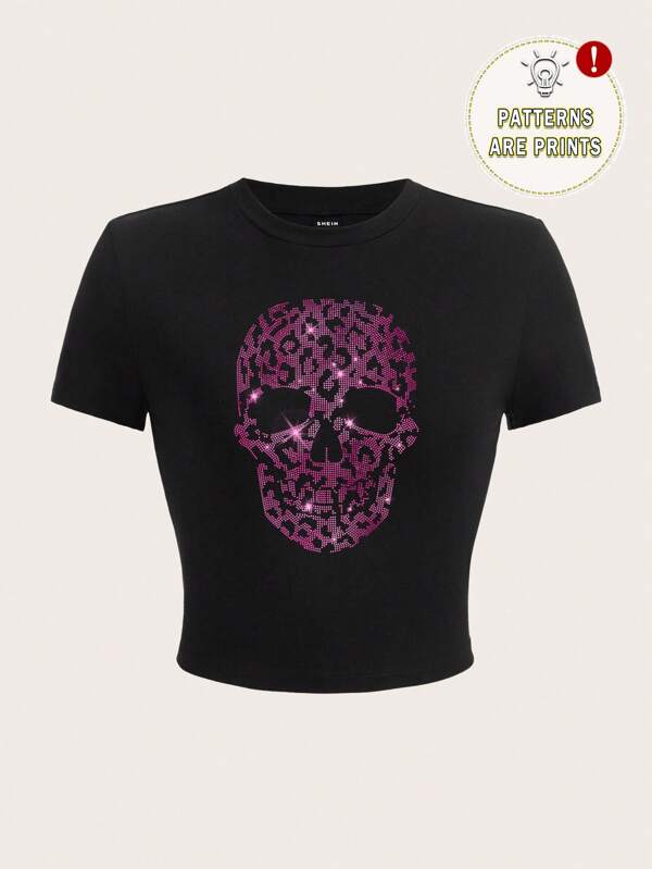 SHEIN EZwear Casual Darkcore Skull & Leopard Print Pattern Round Neck Slim Fit Short Sleeve Women T-Shirt, Suitable For Summer