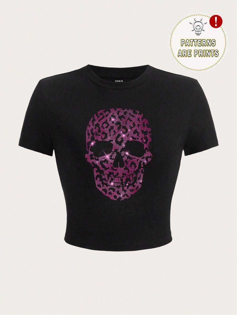 Muchica 休闲暗黑骷髅豹纹图案圆领修身短袖女式 T 恤，适合夏季 - 黑色 - 查看 1