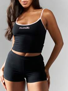 Missguided x Playboy طقم رياضي رقصة رياضي من قطعتين - إكمال حمالة رياضية / قميص قصير + شورت ضاغط ارتفاع عالٍ - ملابس داخلية رياضية - تدريب في النادي الرياضي - الأسود - مشاهدة 6