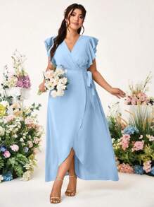 Cravure Plus Size Elegant Romantic Wedding Solid Cross V-Neck Tied Side Ruffle Sleeve Dress - Blue - View 3