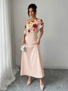 Chiquease Rochie 3D florală cu îmbinare asimetrică pentru femei, vară