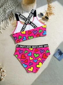 Tween Girl Heart Pattern Letter Print Swimsuit Set For Holiday Young Girls Sets Bathing Suit For Teenagers One Peice Bathing Suit For Teens Swimming Suits For Teens Girls Bathing Suit For Girls - Multicolor - View 2