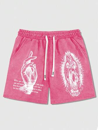 Pantalones cortos con estampado de eslogan y gesto, lavado vintage, con cordón en la cintura para hombres