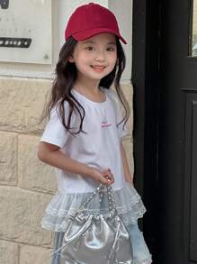 DAZY Young Girl Round Neck Letter Print Lace Panel Short Sleeve T-Shirt,Girls Summer Outfits