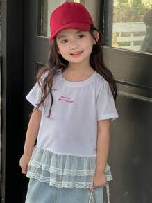 DAZY Young Girl Round Neck Letter Print Lace Panel Short Sleeve T-Shirt,Girls Summer Outfits