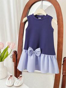 Souflis Souflis Vestido de verano azul marino para niñas bebé, lindo, de cumpleaños, cuello alto, sin mangas, patchwork asimétrico, elegante, dulce, de moda, cómodo, para uso diario - Multicolor - Ver 3