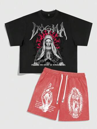 Goth Conjunto de camiseta holgada y pantalones cortos con estampado de la Virgen María para hombre