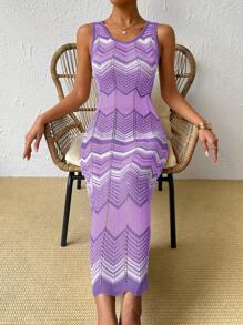 Breezaya Women Wave Striped Round Neck Sleeveless Fitted Knit Dress - Multicolor - View 4