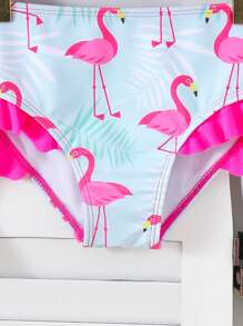 Flamingo Print Young Girl's Casual Bikini Set With Cover-Up Kimono - Multicolor - View 7