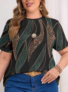 INAWLY Plus Size Women All-Over Print Round Neck Short Sleeve T-Shirt, Suitable For Summer - Multicolor - View 3