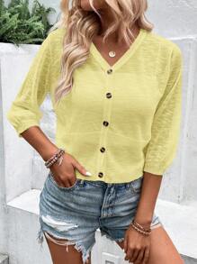 EMERY ROSE Áo len cardigan mỏng trong suốt đơn hàng thường ngày, tay 3/4 màu trơn dành cho nữ - Màu vàng - Xem 4