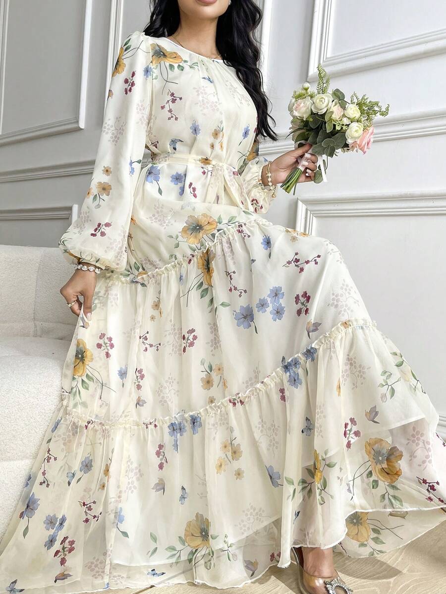 Modelyn Women's Elegant Floral Print Chiffon Dress With Self-Tie Waist, Spring/Summer