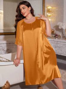 MuseNap CURVE Plus Size Short Sleeve Nightgown With Satin, Mesh And Lace Patchwork - Burnt Orange - View 4