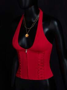 SHEIN ICON Women Plain Color Lace-Up Zipper Sleeveless Camisole - Red - View 4