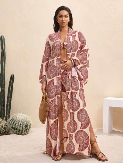 BY FELIZIA Vintage Print Belt Dropped Sleeves Kimono Beach Wear For Summer Vacation Holiday Women Kimono Boho