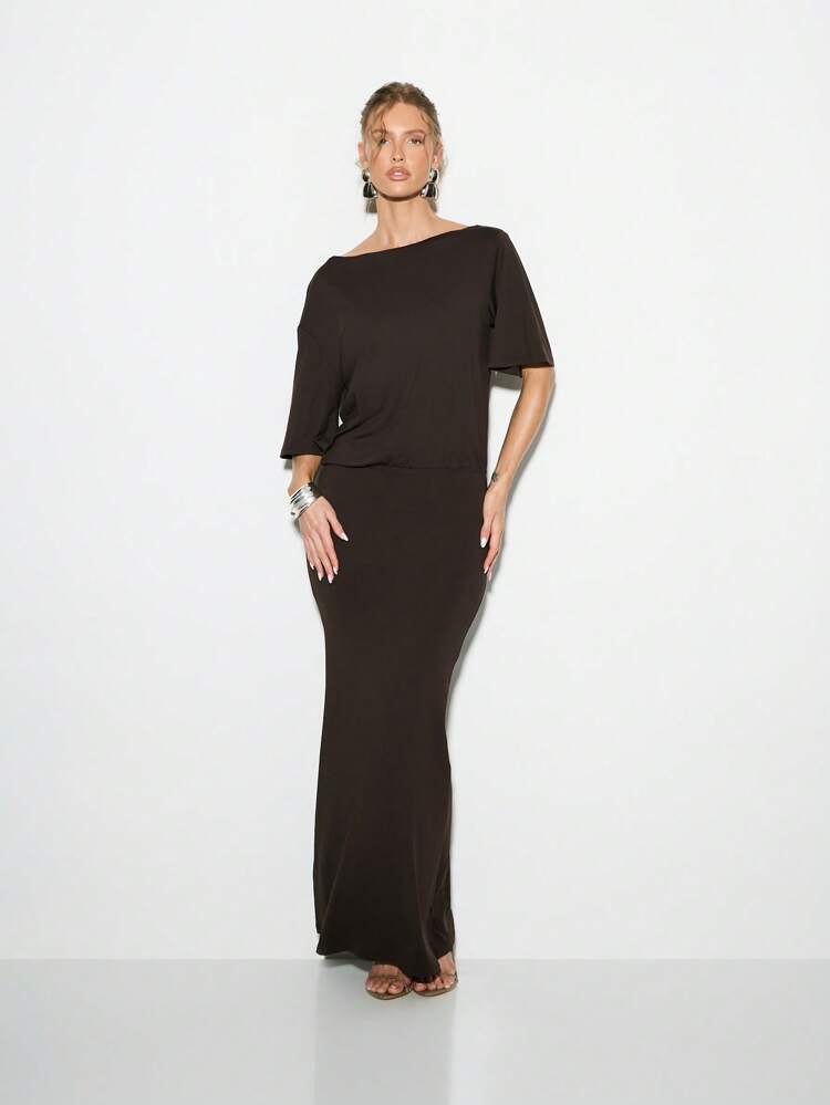 KIZN Vestido maxi elegante de camisa con diseño de espalda abierta para fiesta de noche, boda, invitado, fluido, de largo hasta el suelo, para ocasiones especiales, con mangas dramáticas