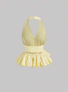 SHEIN MOD 黄色露背泡泡下摆女式上衣，带超大蝴蝶结，约会上衣，度假上衣，野餐上衣，早午餐上衣，派对装，Y2K，抹胸，女士俱乐部装，露肩上衣，女士婚礼宾客装，可爱上衣，女士短款上衣，度假女士，波西米亚风女士，乡村音乐会，狂欢节，女士早午餐，海滩度假，欧洲夏季，可爱夏季上衣