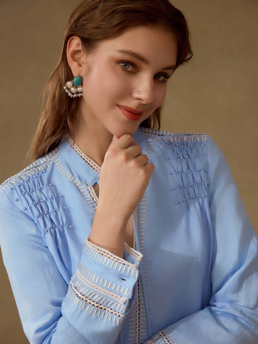 MOTF PREMIUM LINEN TIE NECK FAUX PEARL BLOUSE - Blue - View 1