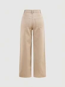 SHEIN Girlism Teen Girls' Casual Plain Slant Pocket Denim Jeans Fall Winter - Khaki - View 2