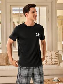 Manfinity Underwear&Sleepwear Basics Camiseta de manga corta con cuello redondo y estampado de letras para hombre, para usar en casa
