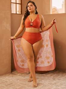 Swim Oasis 大码女式三件套随机印花高弹力纯色泳衣套装（含裙装），优雅沙滩/泳池装，修身 - 彩色 - 查看 5