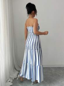 Elenzga Vestido de fiesta elegante de verano 2025 con escote cruzado de rayas, vestido deslizable con cintura anudada y sin tirantes, vestido versátil y sexy adecuado para citas, salidas, vacaciones, bodas, fiestas, carnavales, Pascua, festivales de música, festivales de cerveza