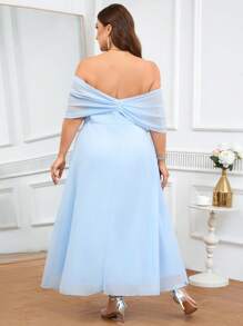 Coutiva Plus Size Solid Color Off Shoulder Elegant Net Yarn Splice Formal Dress, Bridesmaid Dress - Baby Blue - View 2