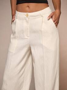 Glamine 女式杏色亚麻混纺休闲办公室时尚口袋直筒阔腿裤 - 杏色 - 查看 8