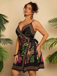 Travachic Vestido Camiseta com Amarração na Frente e Estampa Tropical em Plus Size