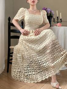 DAZY Vestido elegante de manga corta de longitud media con cuello cuadrado y encaje para damas - Beis - Ver 10