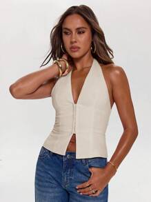 SHEIN BAE 女式纯色前扣性感修身时尚吊带上衣 - 杏色 - 查看 5