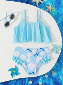 Young Girl Daisy Print Ruffle Trim Bikini Swimsuit - Blue - View 1