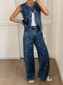 Livesso 2pcs Women Summer Butterfly Print Casual Open Front Vest And Loose Denim Pants Jeans Set