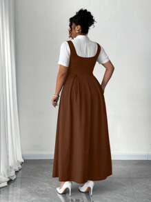 Celure 2025 新款方领收腰 A 字裙，优雅大码长裙，适合户外穿着 - 棕色 - 查看 2