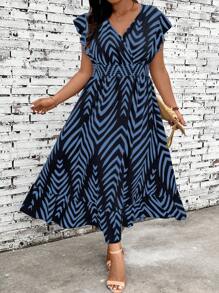 SHEIN VCAY Plus Size Women Elegant V-Neck Ruffle Sleeve Striped Dress - Multicolor - View 7