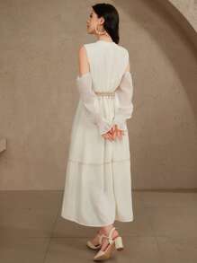 DAZY Women's Boho Vacation Chiffon Sequin Tassel Decor Off-Shoulder Waist Cinched Solid Color Maxi Dress, Spring/Summer, Ladies Summer/Graduation Dress