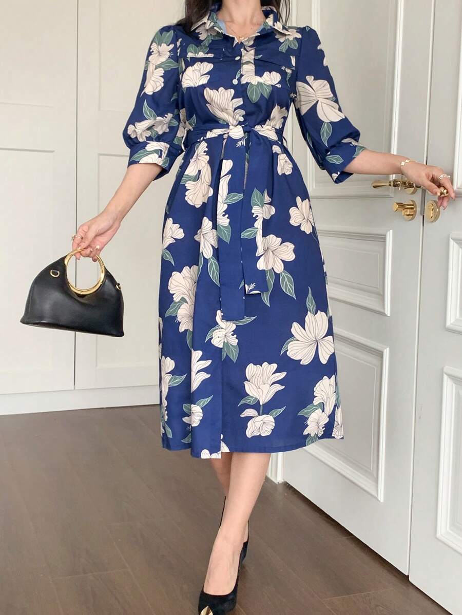 DAZY 1pc Floral Print Belt Decor Mid-Length Dress For Women Vacation Outfits Women Easter - Blue - View 1