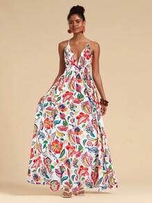 Travachic 女士度假梭织印花吊带裙，搭配长款喇叭裙 - 紅色 - 查看 3